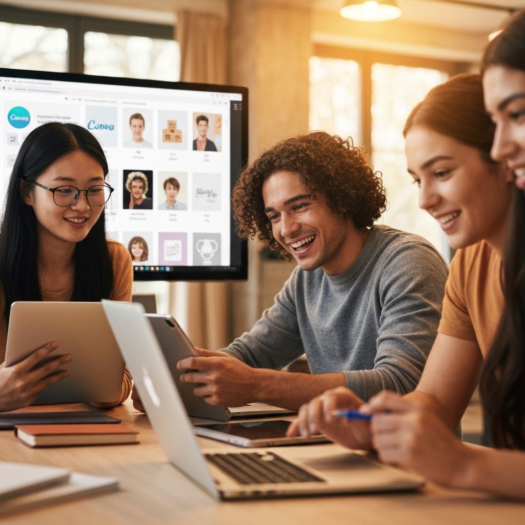 Students collaborating on social media content